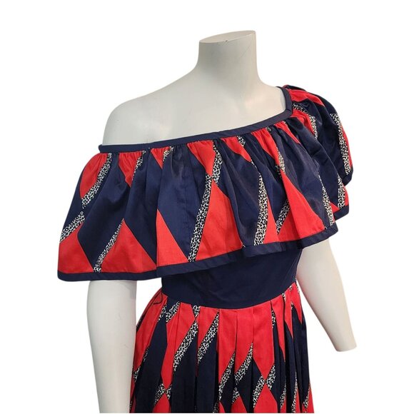 Vintage Mignon Dress 70s 80s Festive Party Retro Red Blue Vtg Diamond Print XS/S - Picture 7 of 14